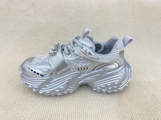 Silver White Fashion Sneakers With Paillette Cristal Breathable Mesh And Low Cut
