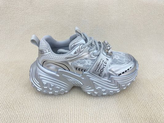 Silver White Fashion Sneakers With Paillette Cristal Breathable Mesh And Low Cut