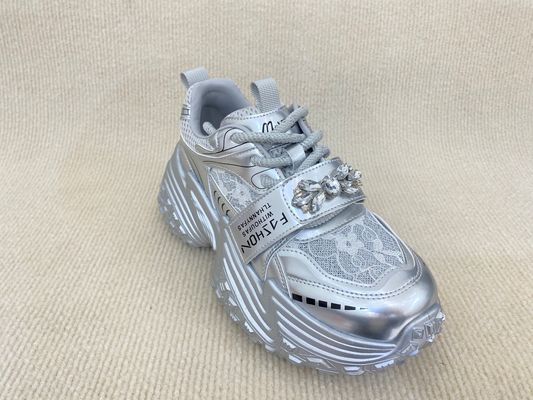 Silver White Fashion Sneakers With Paillette Cristal Breathable Mesh And Low Cut