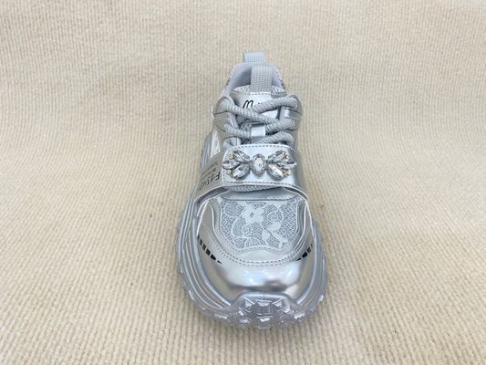 Silver White Fashion Sneakers With Paillette Cristal Breathable Mesh And Low Cut