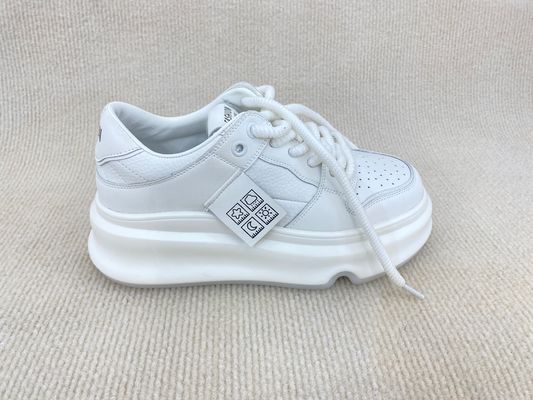 Women white sneakers with thick soled and breathable mesh upper genuine leather