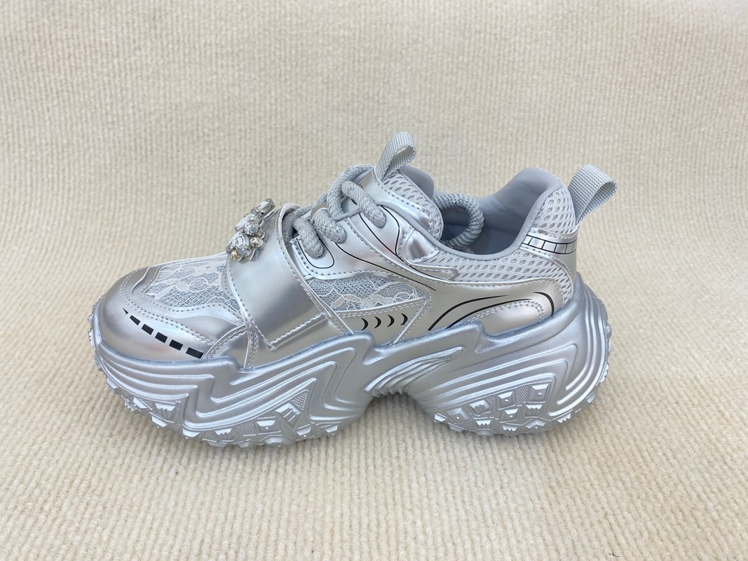 Silver White Fashion Sneakers With Paillette Cristal Breathable Mesh And Low Cut